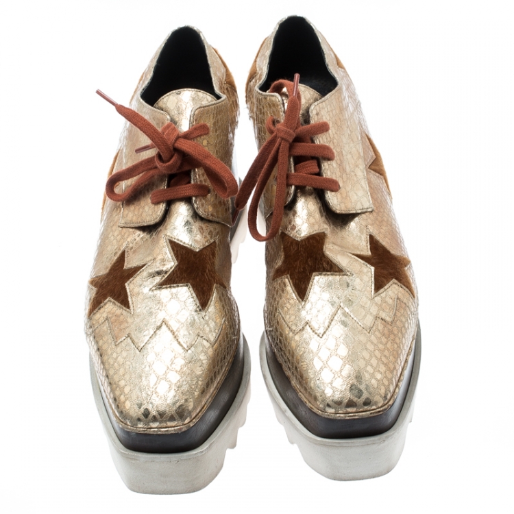 Pre Owned Stella McCartney Metallic Gold Python Effect Faux Leather And Faux Fur Elyse Star Platform Derby Size 38