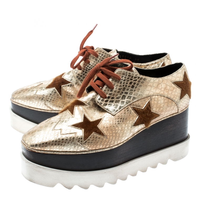 Pre Owned Stella McCartney Metallic Gold Python Effect Faux Leather And Faux Fur Elyse Star Platform Derby Size 38
