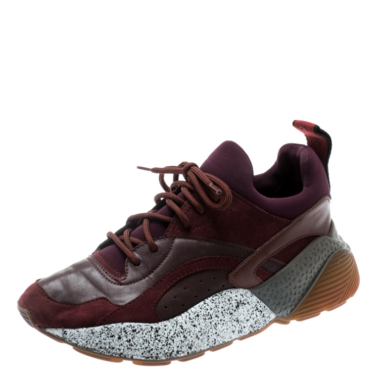 Pre Owned Stella McCartney Burgundy Fabric And Faux Suede Eclypse Lace Up Sneakers Size 38