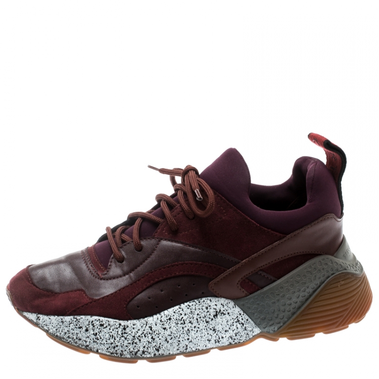 Pre Owned Stella McCartney Burgundy Fabric And Faux Suede Eclypse Lace Up Sneakers Size 38