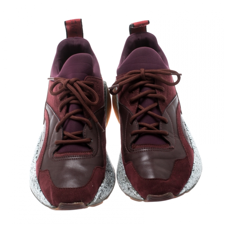 Pre Owned Stella McCartney Burgundy Fabric And Faux Suede Eclypse Lace Up Sneakers Size 38