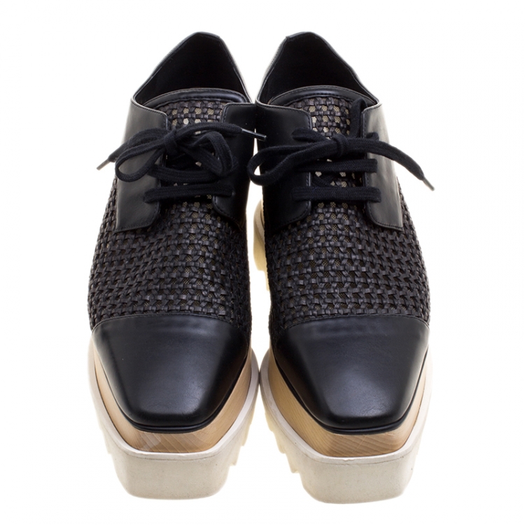 Pre Owned Stella McCartney Black Woven Faux Leather Canyon Wicker Elyse Platform Brogues Size 36