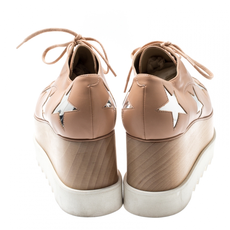 Pre Owned Stella McCartney Beige Faux Leather Elyse Star Platform Lace Up Derby Size 38.5