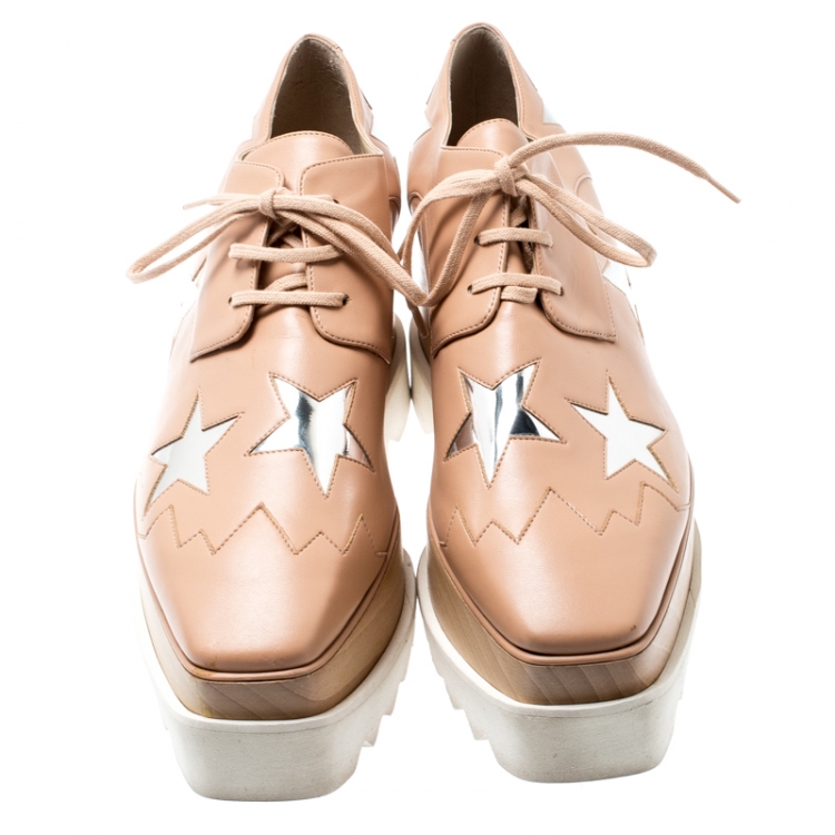 Pre Owned Stella McCartney Beige Faux Leather Elyse Star Platform Lace Up Derby Size 38.5