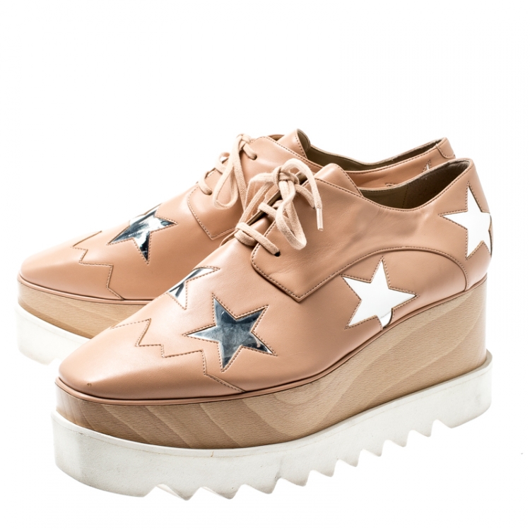Pre Owned Stella McCartney Beige Faux Leather Elyse Star Platform Lace Up Derby Size 38.5