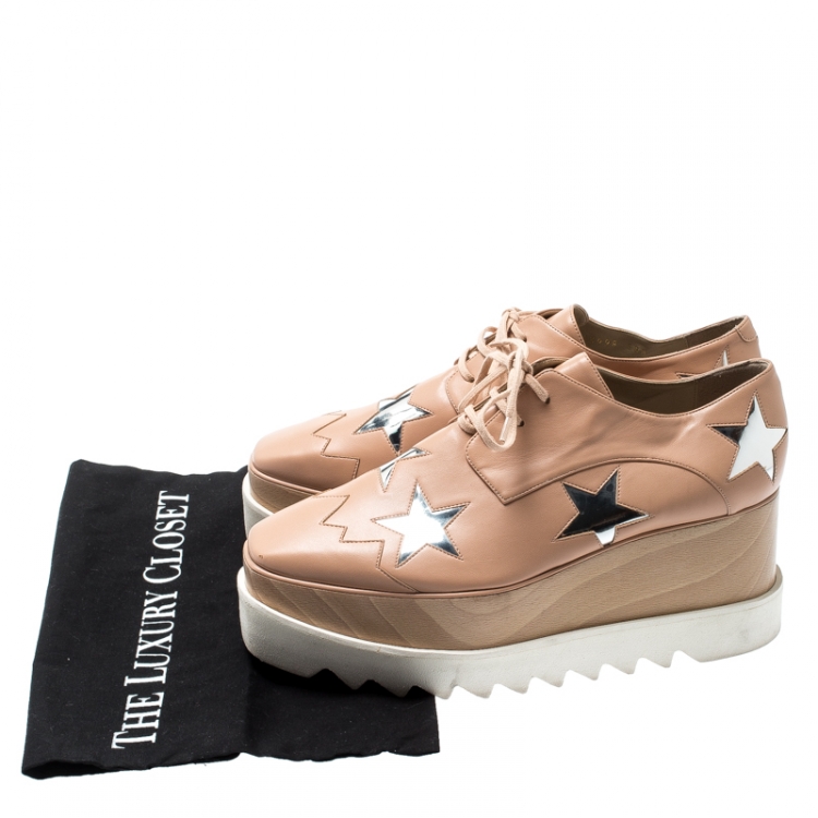 Pre Owned Stella McCartney Beige Faux Leather Elyse Star Platform Lace Up Derby Size 38.5
