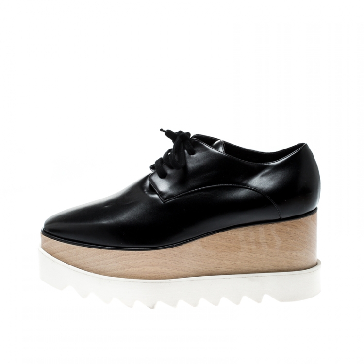 Pre Owned Stella McCartney Black Faux Patent Leather Elyse Platform Derby Size 37.5