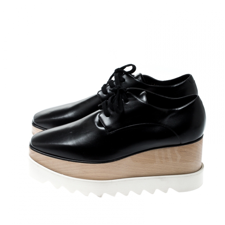 Pre Owned Stella McCartney Black Faux Patent Leather Elyse Platform Derby Size 37.5