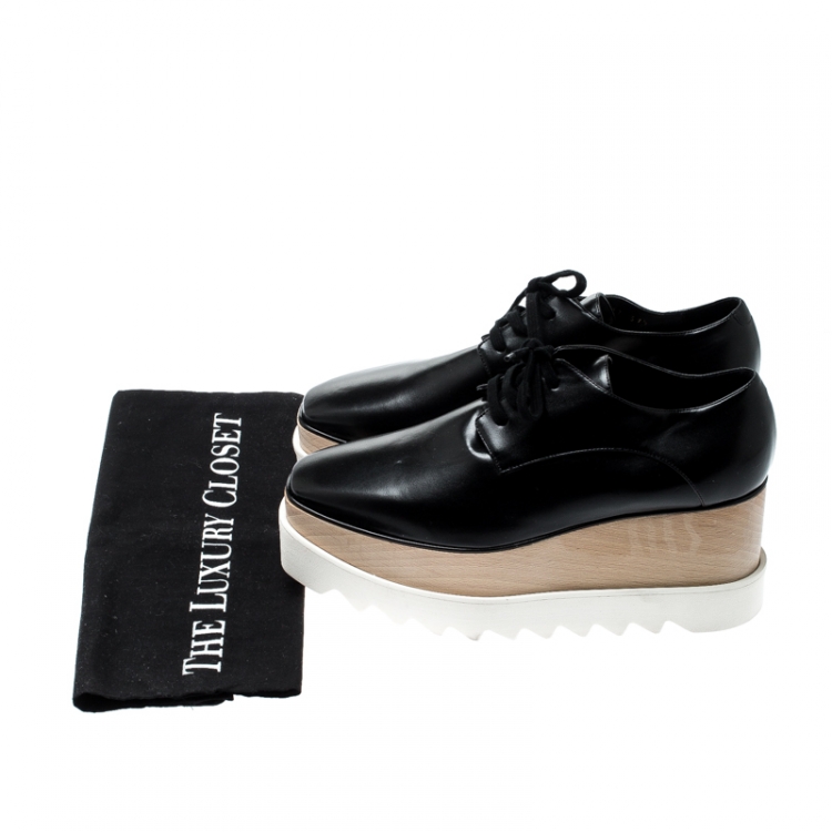 Pre Owned Stella McCartney Black Faux Patent Leather Elyse Platform Derby Size 37.5