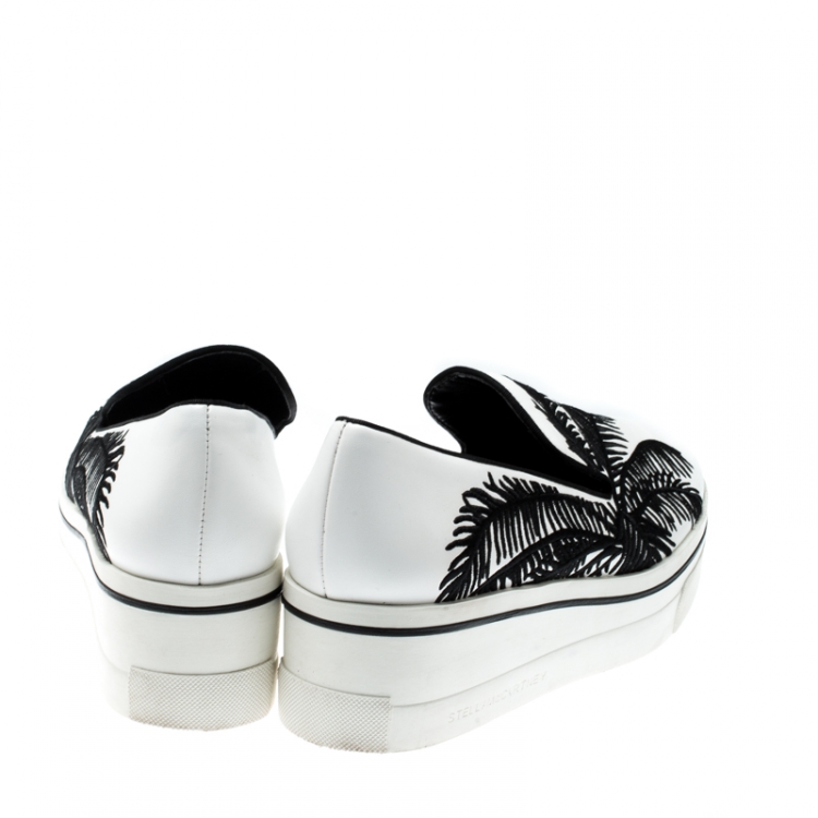 Pre Owned Stella McCartney Monochrome Faux Leather Binx Palm Tree Embroidered Platform Slip On Sneakers Size 38