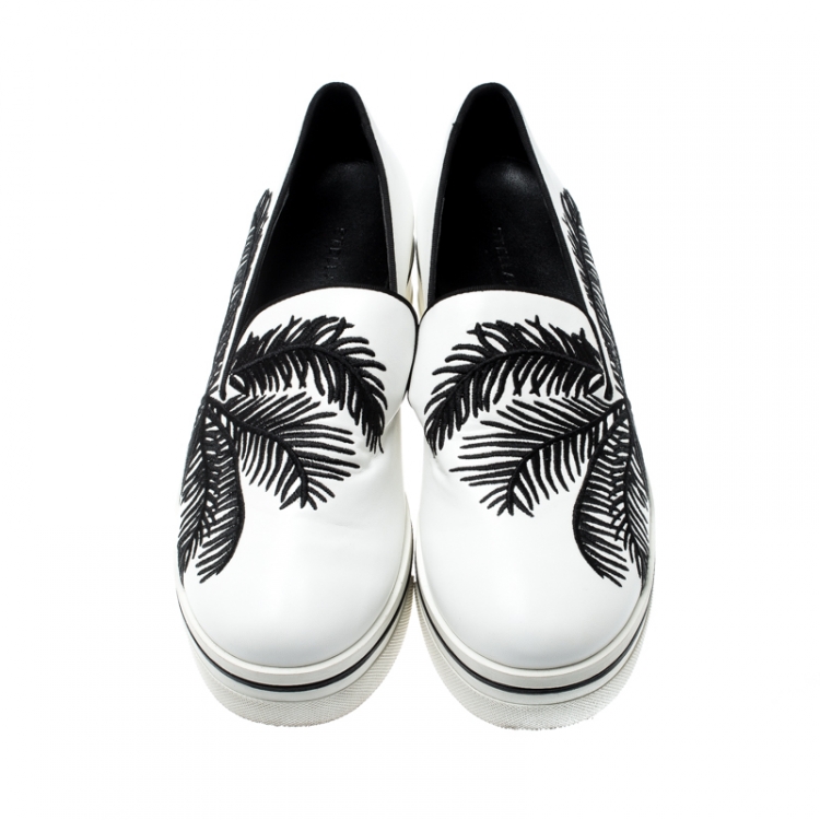 Pre Owned Stella McCartney Monochrome Faux Leather Binx Palm Tree Embroidered Platform Slip On Sneakers Size 38