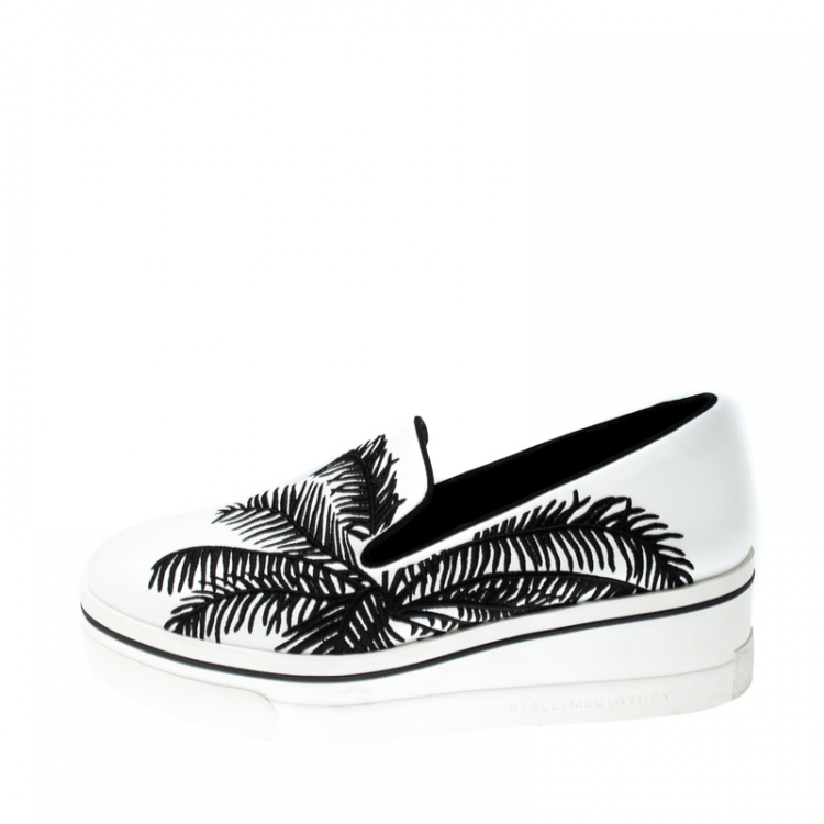 Pre Owned Stella McCartney Monochrome Faux Leather Binx Palm Tree Embroidered Platform Slip On Sneakers Size 38