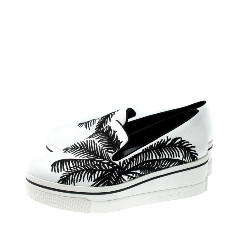 Pre Owned Stella McCartney Monochrome Faux Leather Binx Palm Tree Embroidered Platform Slip On Sneakers Size 38