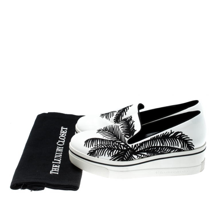 Pre Owned Stella McCartney Monochrome Faux Leather Binx Palm Tree Embroidered Platform Slip On Sneakers Size 38