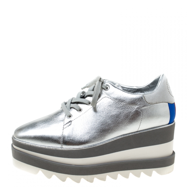 Pre Owned Stella McCartney Silver Faux Leather Elyse Platform Derby Size 36