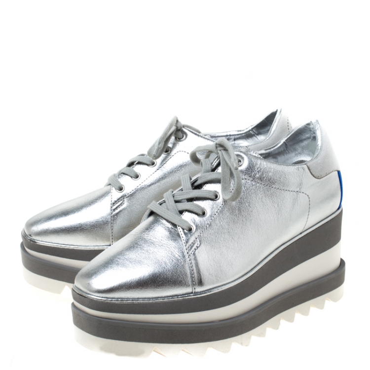 Pre Owned Stella McCartney Silver Faux Leather Elyse Platform Derby Size 36