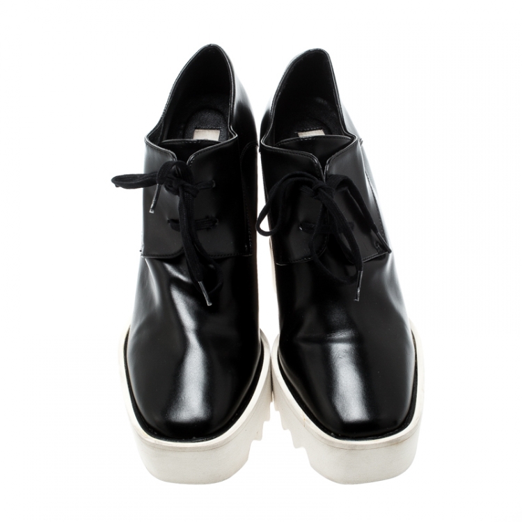 Pre Owned Stella McCartney Black Faux Leather Leana Wooden Wedge Lace-Up Oxfords Size 39