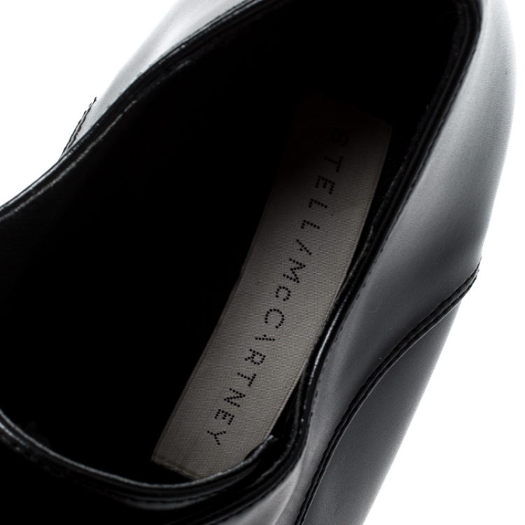 Pre Owned Stella McCartney Black Faux Leather Leana Wooden Wedge Lace-Up Oxfords Size 39