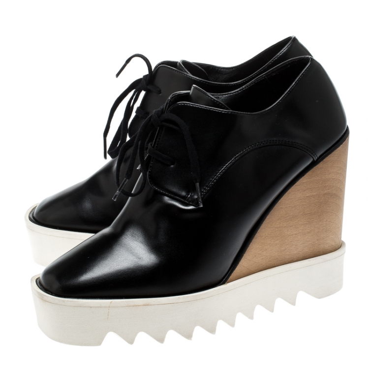 Pre Owned Stella McCartney Black Faux Leather Leana Wooden Wedge Lace-Up Oxfords Size 39