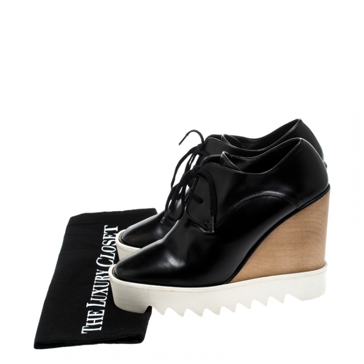 Pre Owned Stella McCartney Black Faux Leather Leana Wooden Wedge Lace-Up Oxfords Size 39