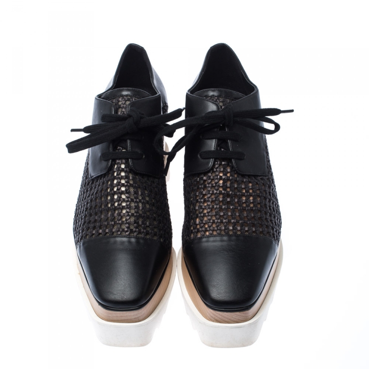 Pre Owned Stella McCartney Black Woven Faux Leather Elyse Platform Derby Size 35