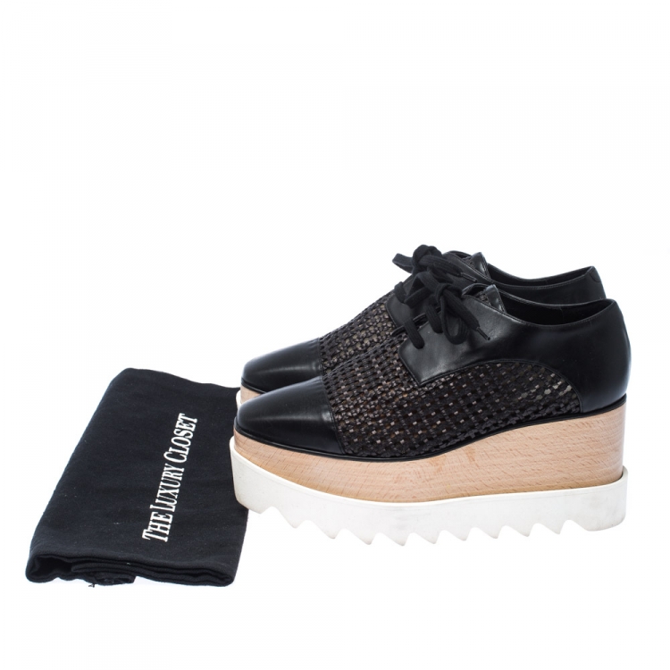 Pre Owned Stella McCartney Black Woven Faux Leather Elyse Platform Derby Size 35