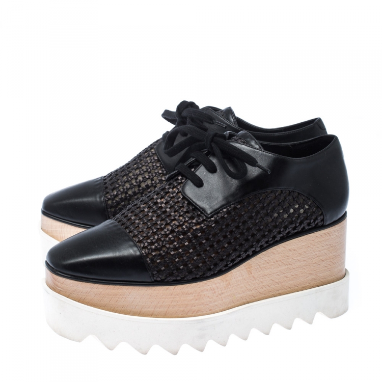Pre Owned Stella McCartney Black Woven Faux Leather Elyse Platform Derby Size 35