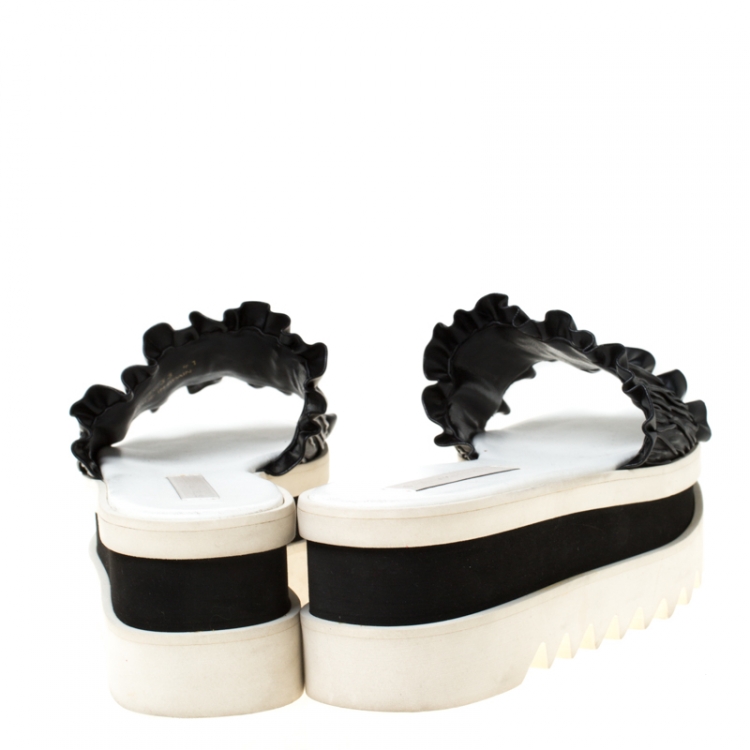 Pre Owned Stella McCartney Black Ruffle Faux Leather Platform Slide Size 41