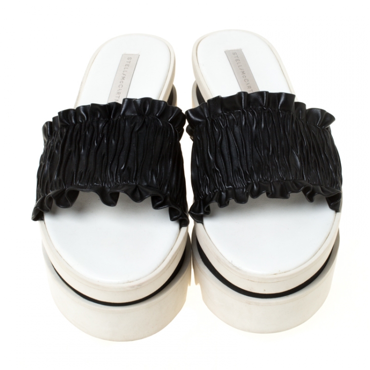 Pre Owned Stella McCartney Black Ruffle Faux Leather Platform Slide Size 41