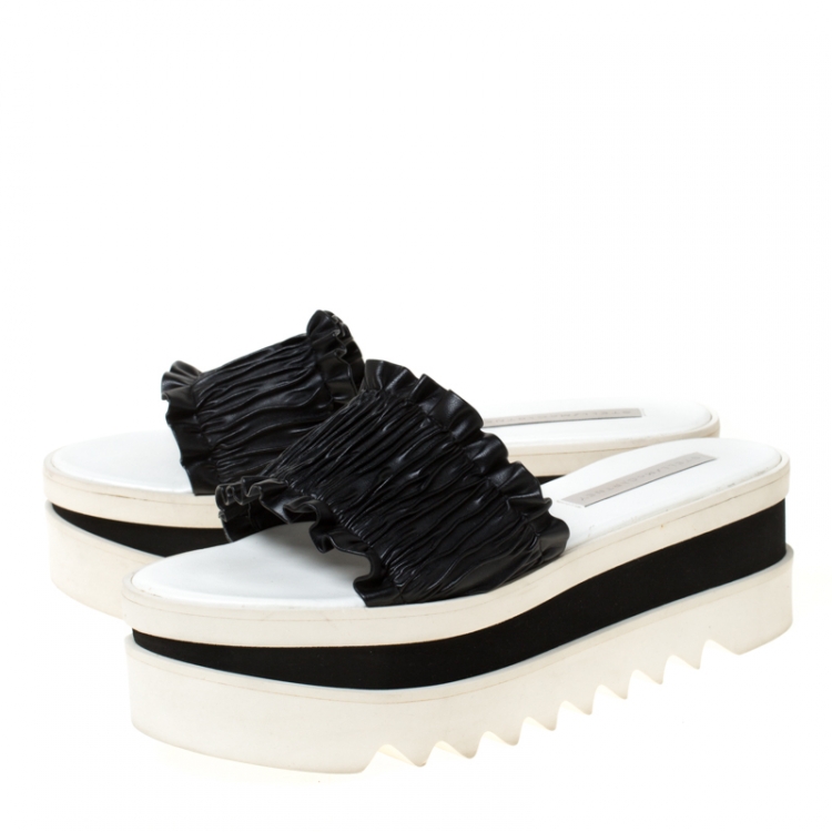 Pre Owned Stella McCartney Black Ruffle Faux Leather Platform Slide Size 41