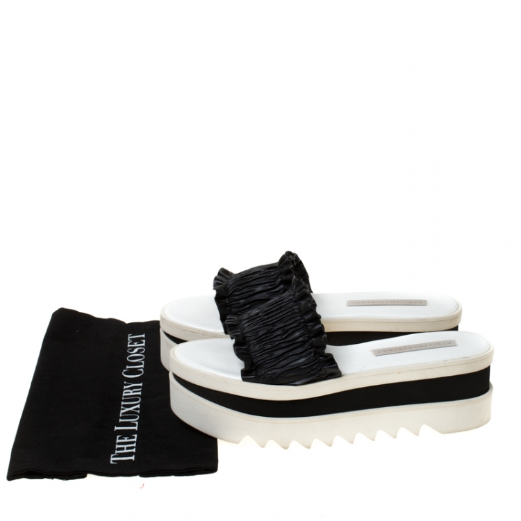 Pre Owned Stella McCartney Black Ruffle Faux Leather Platform Slide Size 41