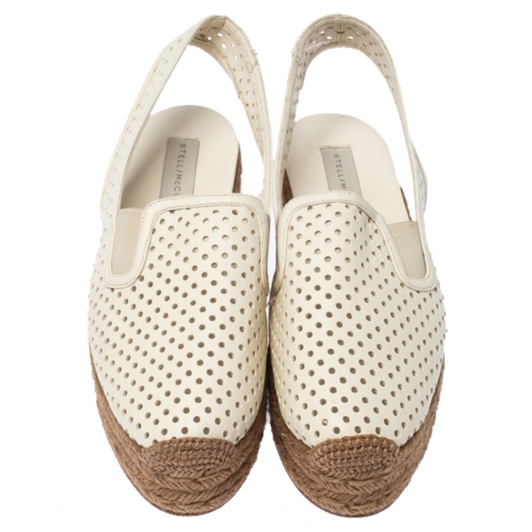 Pre Owned Stella McCartney White Perforated Faux Leather Slingback Espadrilles Platform Sandals Size 38