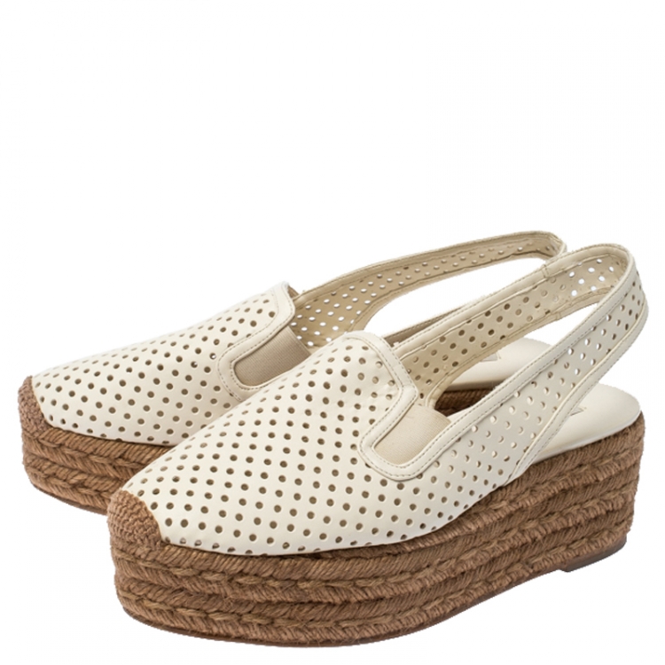Pre Owned Stella McCartney White Perforated Faux Leather Slingback Espadrilles Platform Sandals Size 38