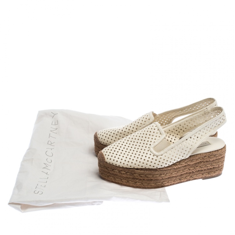 Pre Owned Stella McCartney White Perforated Faux Leather Slingback Espadrilles Platform Sandals Size 38