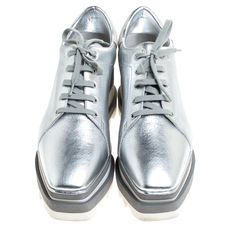 Pre Owned Stella McCartney Silver Metallic Faux Leather Elyse Platform Derby Size 38