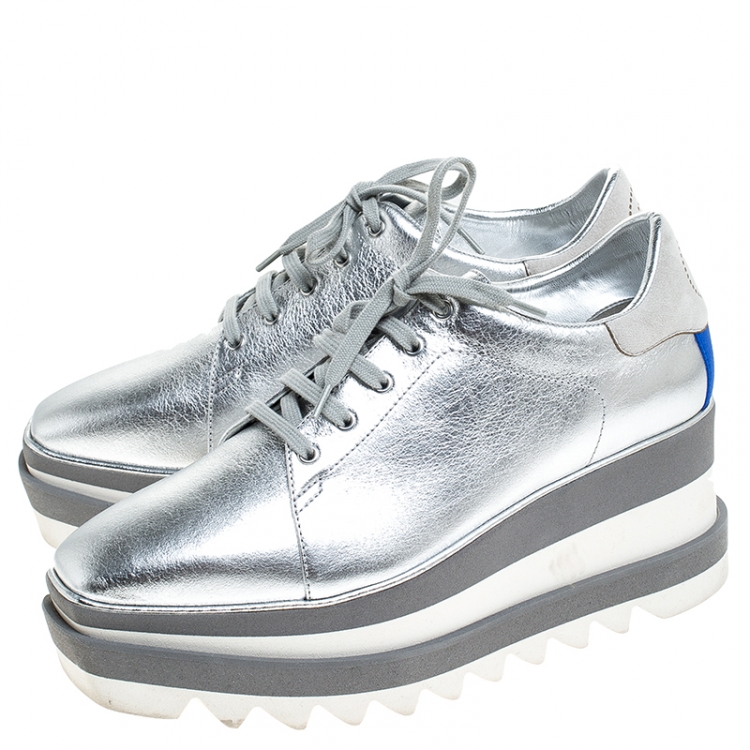 Pre Owned Stella McCartney Silver Metallic Faux Leather Elyse Platform Derby Size 38