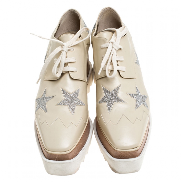 Pre Owned Stella McCartney Beige Faux Leather Elyse Star Platform Lace Up Derby Size 37