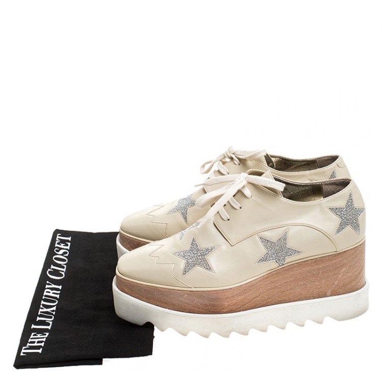 Pre Owned Stella McCartney Beige Faux Leather Elyse Star Platform Lace Up Derby Size 37