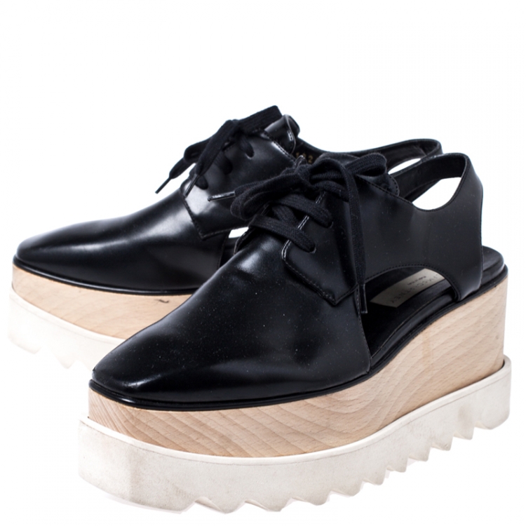 Pre Owned Stella McCartney Black Faux Leather Elyse Cutout Platform Derby Size 36.5