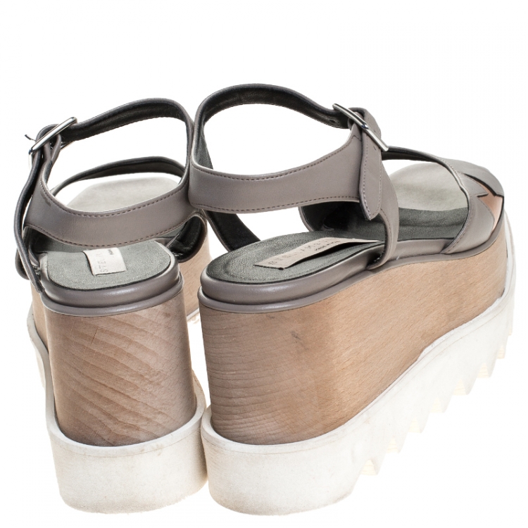 Pre Owned Stella McCartney Grey Faux Leather Creeper Platform Ankle Strap Sandals Size 35