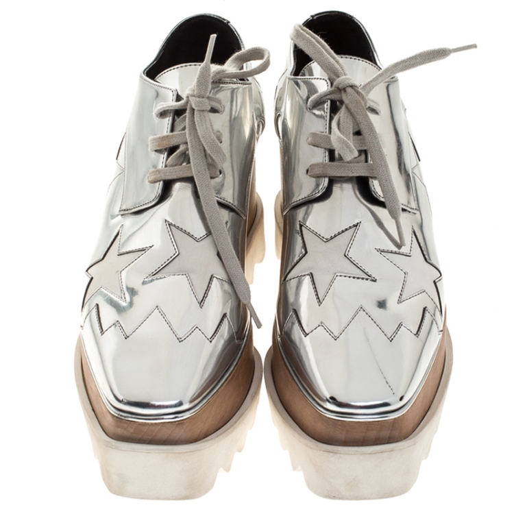 Pre Owned Stella McCartney Silver Metallic Faux Leather Indium Elyse Star Platform Derby Size 36