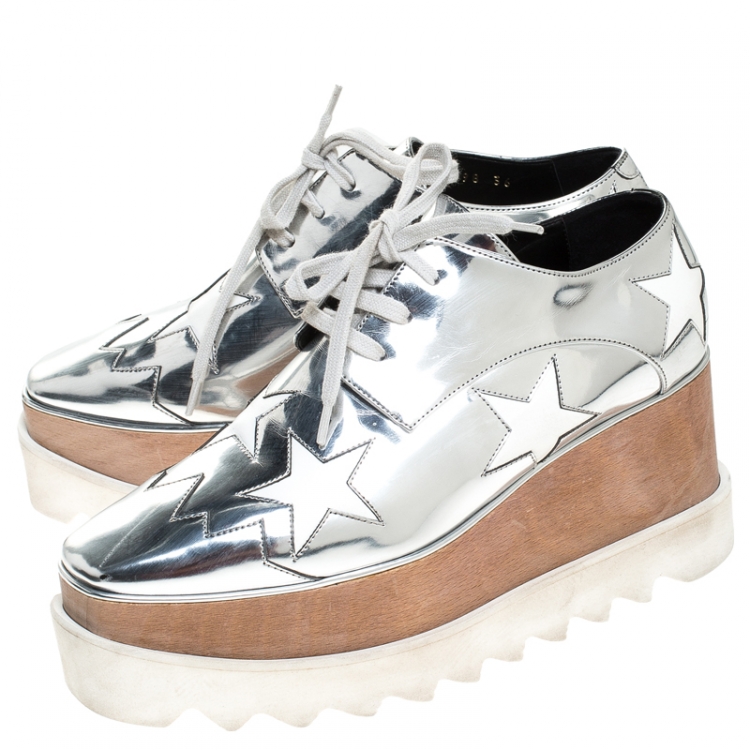 Pre Owned Stella McCartney Silver Metallic Faux Leather Indium Elyse Star Platform Derby Size 36