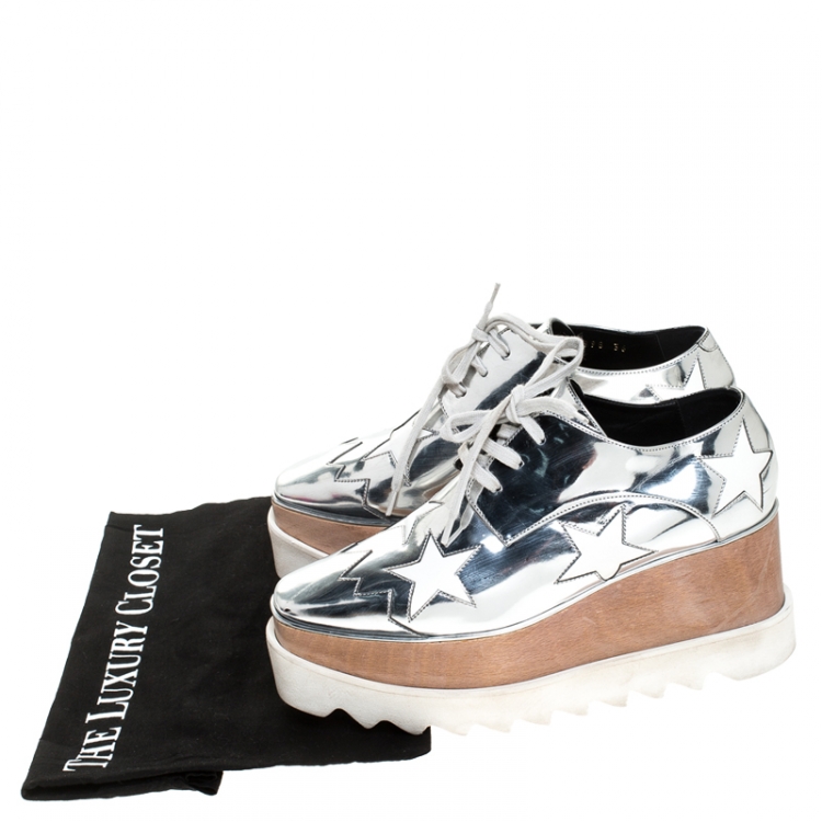 Pre Owned Stella McCartney Silver Metallic Faux Leather Indium Elyse Star Platform Derby Size 36