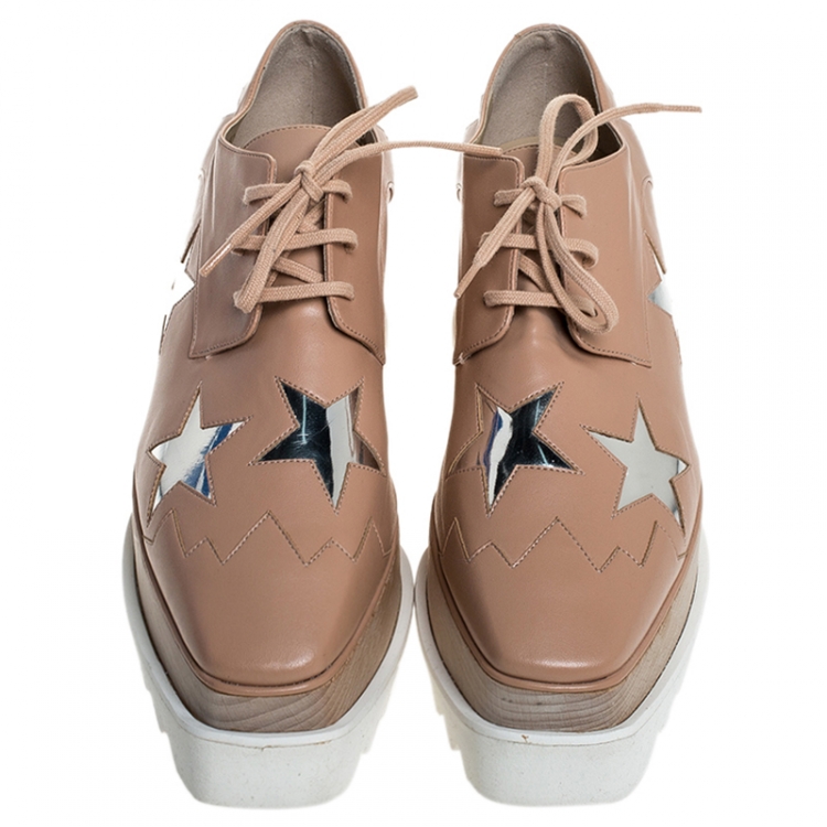Pre Owned Stella McCartney Beige/Silver Faux Leather Elyse Star Platform Lace Up Derby Size 36.5