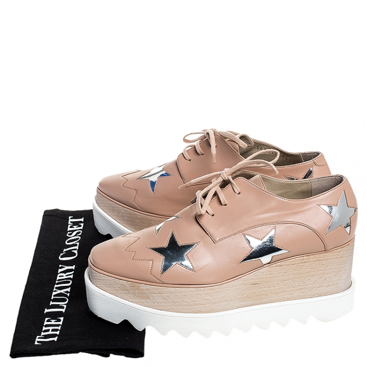 Pre Owned Stella McCartney Beige/Silver Faux Leather Elyse Star Platform Lace Up Derby Size 36.5