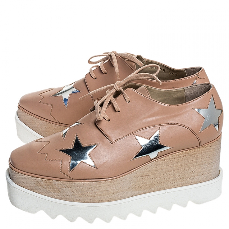 Pre Owned Stella McCartney Beige/Silver Faux Leather Elyse Star Platform Lace Up Derby Size 36.5