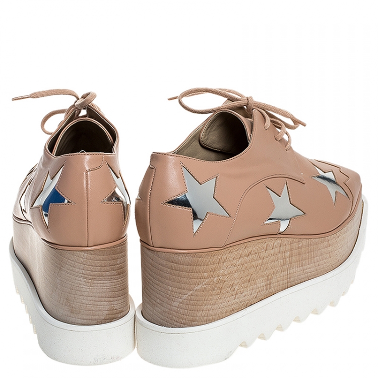 Pre Owned Stella McCartney Beige/Silver Faux Leather Elyse Star Platform Lace Up Derby Size 36.5