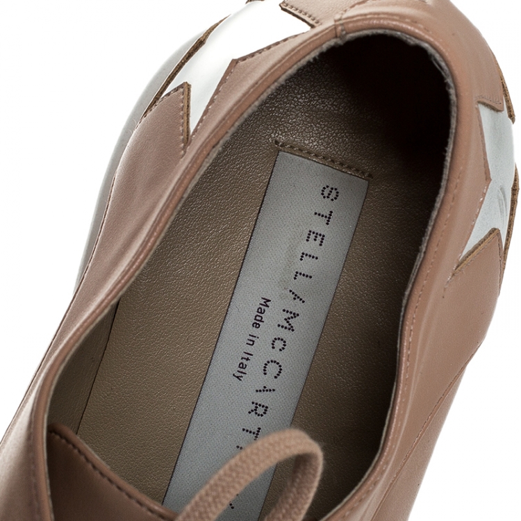 Pre Owned Stella McCartney Beige/Silver Faux Leather Elyse Star Platform Lace Up Derby Size 36.5