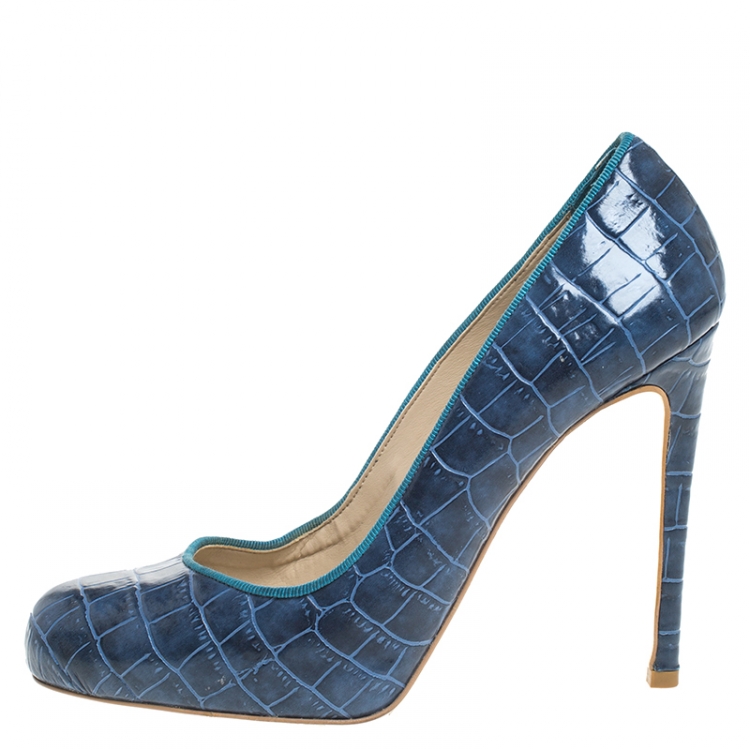 Pre Owned Stella McCartney Blue Croc Embossed Faux Leather Pumps Size 38