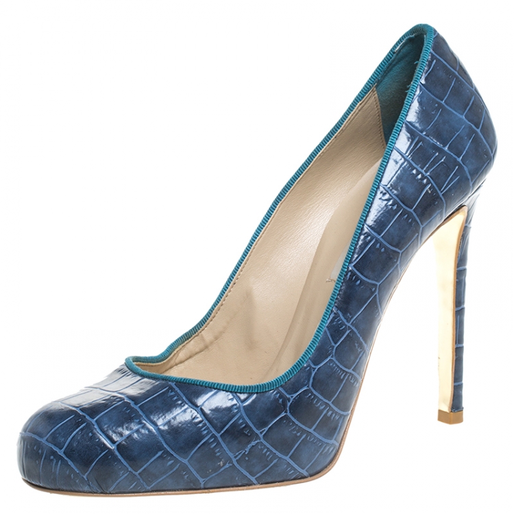 Pre Owned Stella McCartney Blue Croc Embossed Faux Leather Pumps Size 38